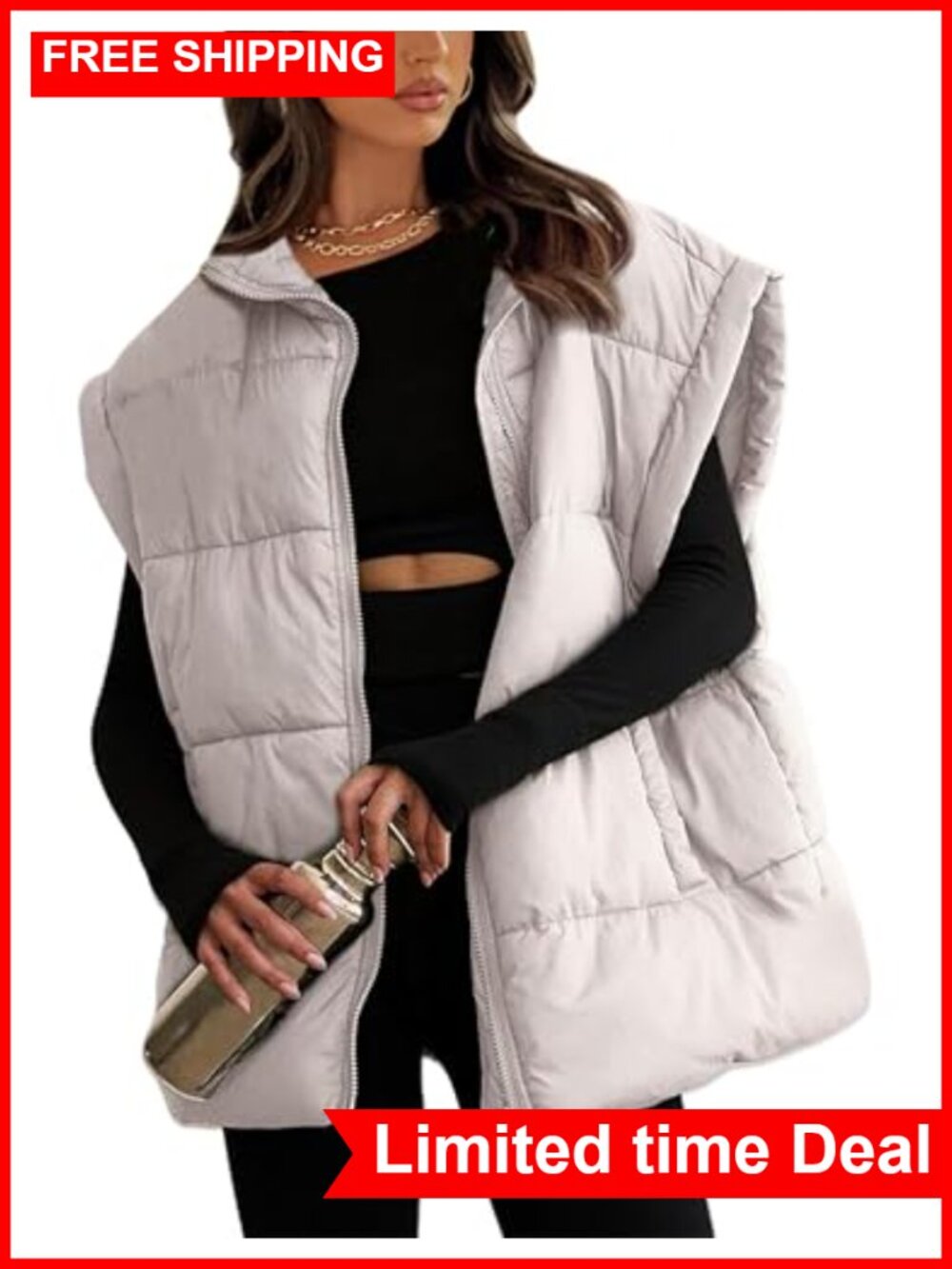 Oversized Quilted Puffer Vest Lightweight Sleeveless Padded Zip Up Vest